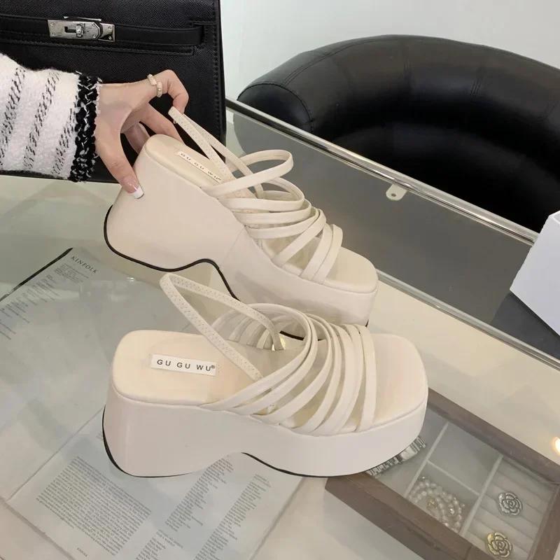 Stříbrné sandály na klínku Dámské Boty na platformě Černý pásek Vysoké podpatky Gladiátor Robustní letní klínky na podpatku Zapatos De Mujer