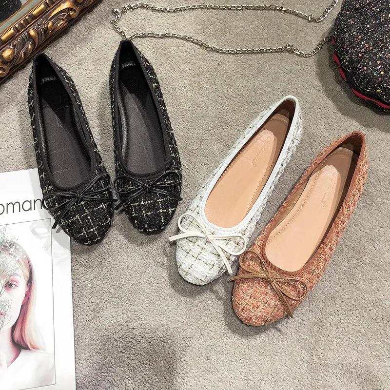 Women Sweet Bowknot Ballet Flats Shoes Lady Luxury Tweed Pumps Comfortable Round Toe Slip-on Scoop Shoes Soft Sole Casual Shoes
