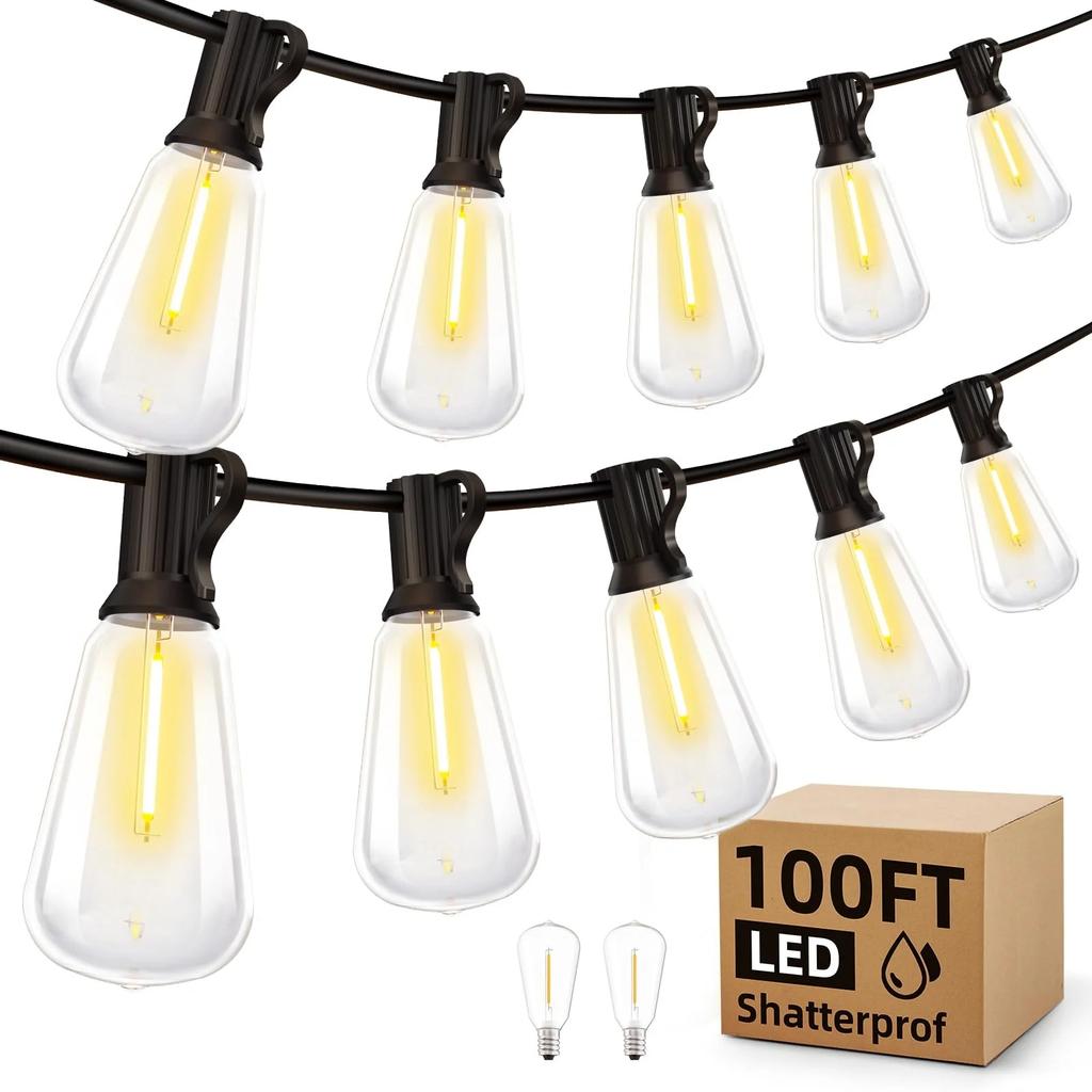Outdoor String Lights 100FT Patio Lights ST38 Vintage Edison Bulbs Outside Hanging Light Waterproof Garden Dimmable 2700K