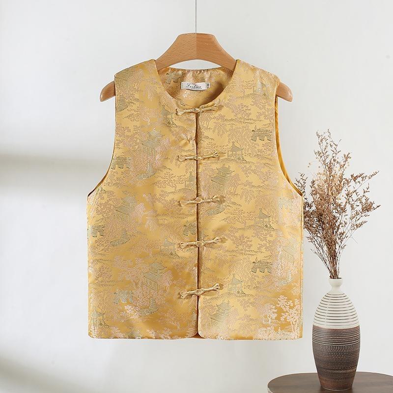 

Кнопочный жаккардовый жилет без рукавов Жилет Женский Весна 2025 Высокая мода Свободный топ 3XL ([Recommended 138-75kg]) жёлтый