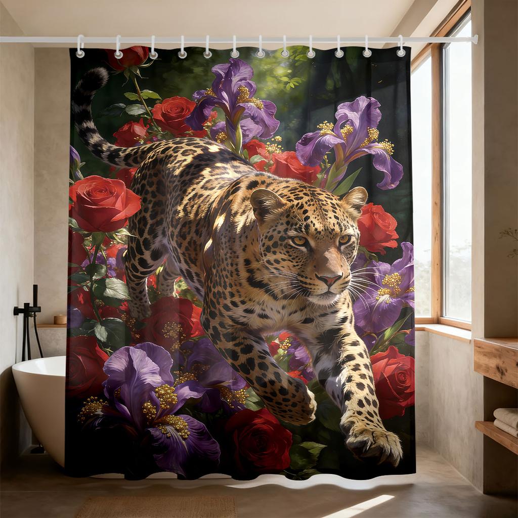Black Panther Leopard Floral Shower Curtain 90Gsm Waterproof Rose Iris Print Bathroom Decor With Hooks
