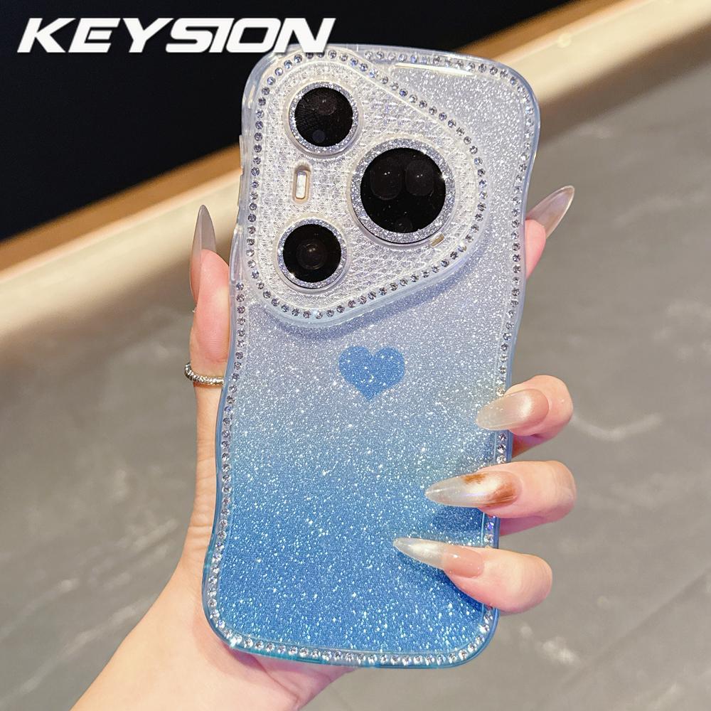 KEYSION Gradient Love Heart Wavy Phone Case for Huawei Pura 70 80 Pro 80 70 Ultra Glitter Jewelled Lens Protector Shockproof Cover