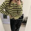 Streifen-Cardigan-Strickpullover Frühling mit Oberteil, lockerer Langarm-Cardigan, Vintage-O-Ausschnitt, lässig, kurzer Cardigan-Pullover-Mantel, weiblich