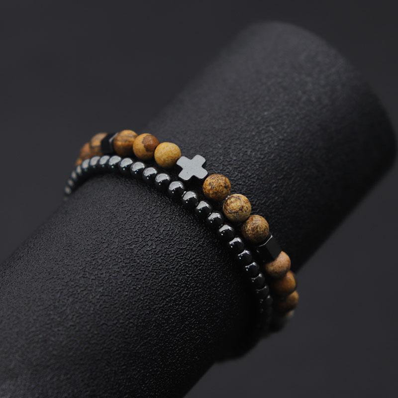 2pcs Men Bracelet Set Hematite Cross Braslet For Hombre Natural Lava Tiger Eyes Stone Braclet Homme Beaded Brazalete Pulseira