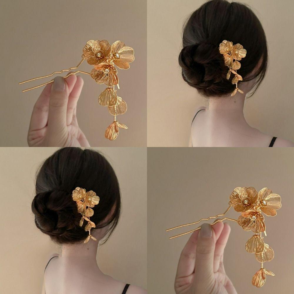 Gold Hanfu Hairpin Tassel Metal U Shape Hair Stick Retro for Women