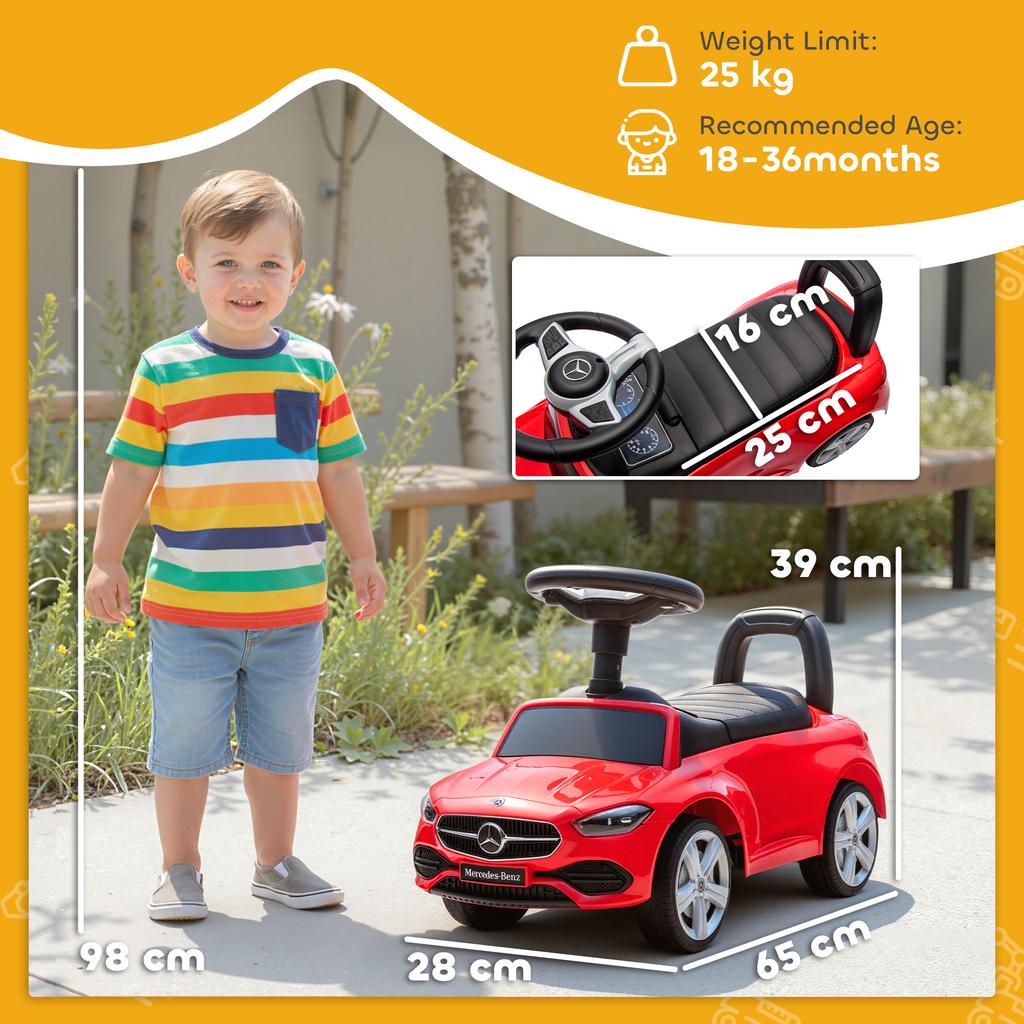 Official Mercedes-Benz Ride On Car, Foot To Floor Sliding Walker with Horn, Engine Sounds and Under-Seat Storage, Red