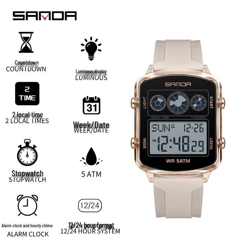 Sanda Dual Time Waterproof Transparent Sports Wristwatch with Colorful Single Display and Student Timer Function