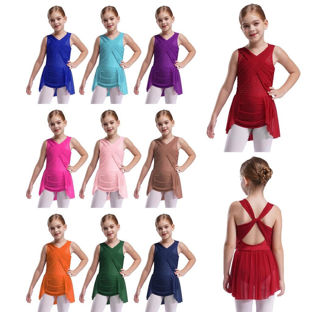 Rochie Dans Liric Fete Costum Patinaj Artistic Suprapunere Plasă Încrucișată Spate Decupat Strasuri Strălucitoare Body