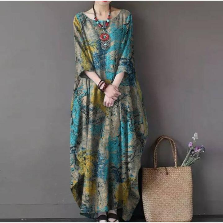

Women s Fashion Summer Spring Floral Print 3/4 Sleeves O-Neck High Waist Casual Dresses XXXXXL зелений