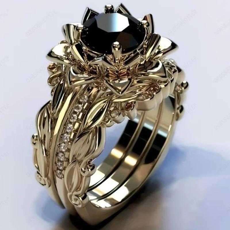 

European and American fashion creative rose shape black zircon inlaid personalized luxury women s three-piece ring 5&Gold-color чёрный