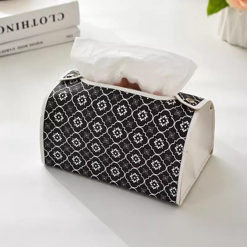 Nordic Luxury Retro Leather Tissue Box in Black and White Plaid Design