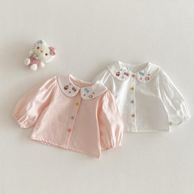 Girls' Korean Style Cartoon Cat Embroidered Shirt - 2026 Spring Collection with Colorful Buttons