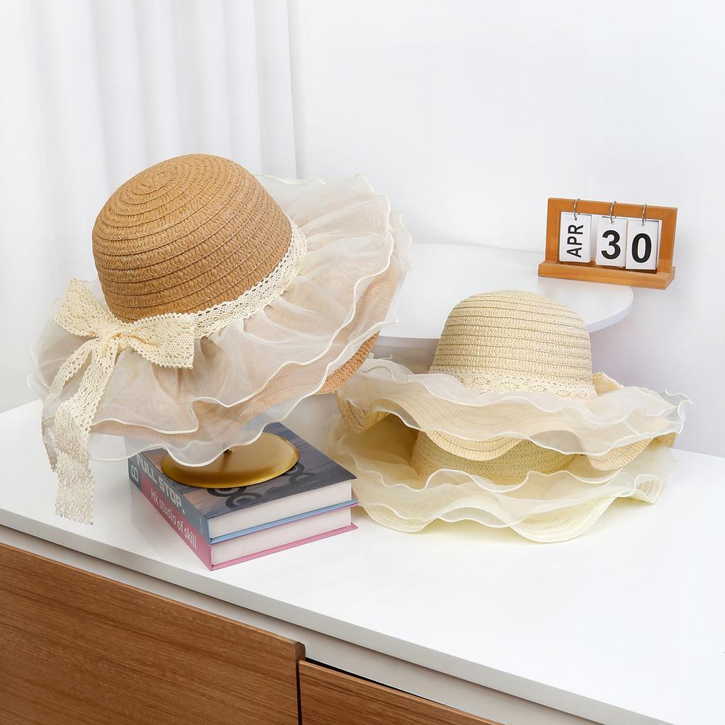 Fairy eaves bow mesh straw hat women's summer beach hat foldable breathable lace edge adult sun hat