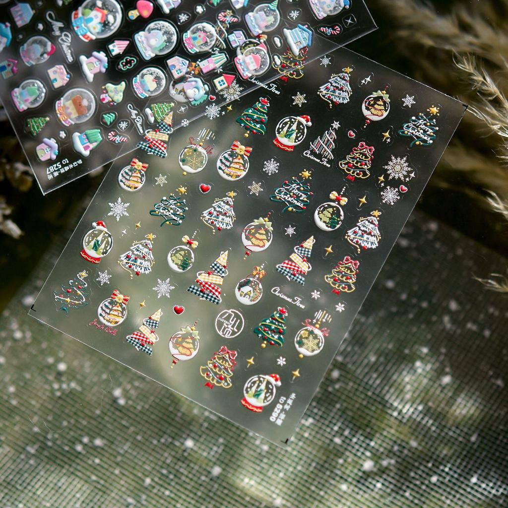 Tomoni 3D Winter Nail Stickers: Kids' Christmas Tree & Metal Ornament Designs