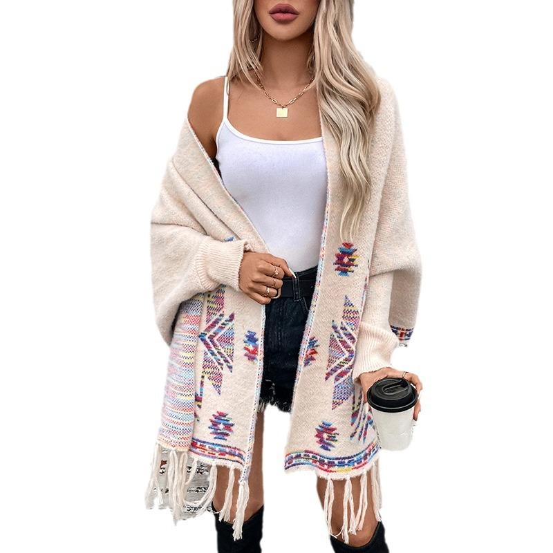 Women's Autumn and Winter Large Size Pop Jacquard Geometric Knitted Cardigan Loose Bat Sleeve Cloak Sweater Tassel Shawl