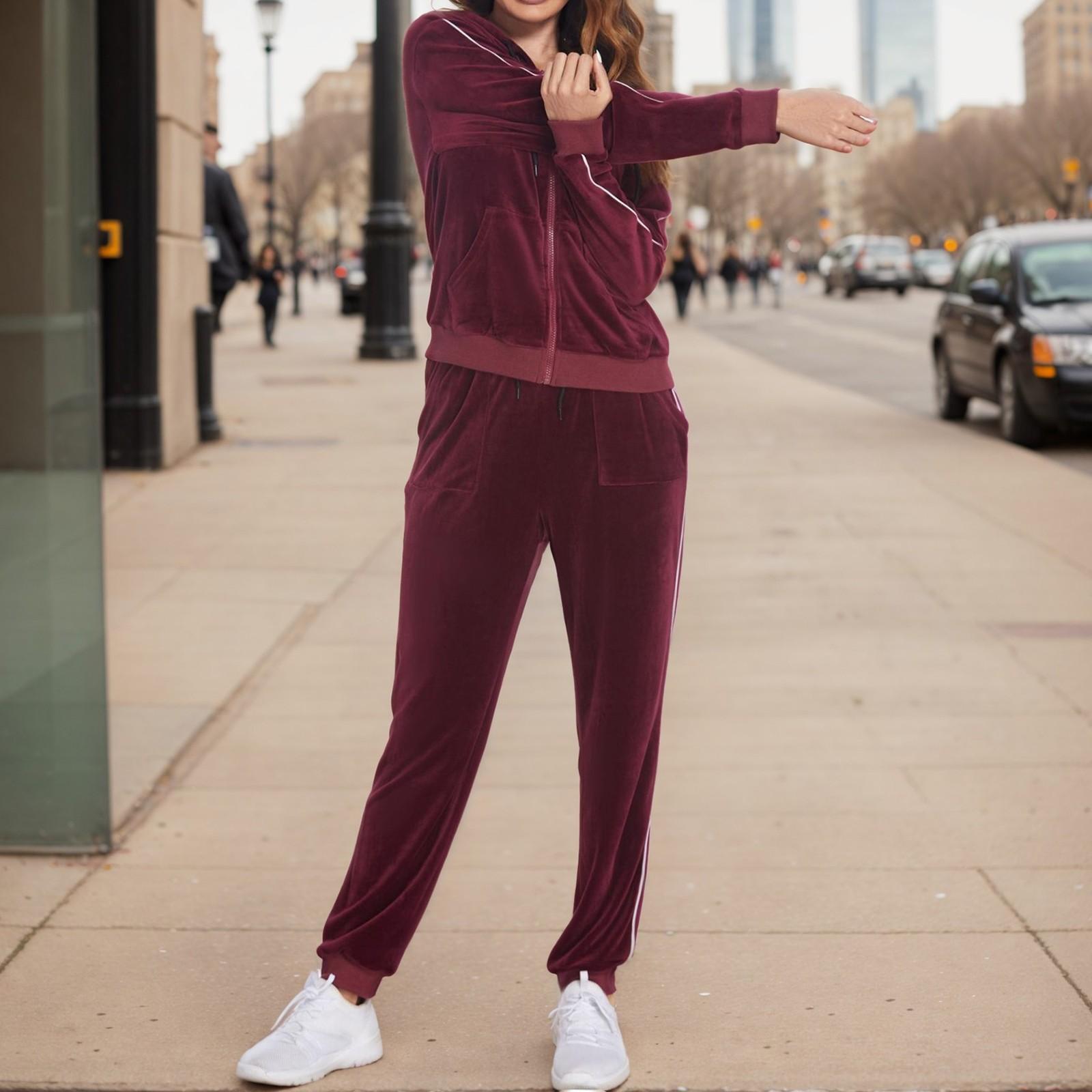 

Женская спортивная одежда с длинным рукавом, длинные брюки, куртка с капюшоном на молнии, спортивный костюм для активного отдыха XL винный
