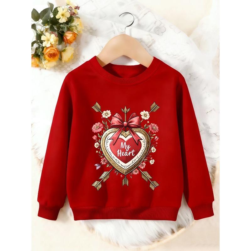 Unisex Kids Crewneck Sweatshirt, My Heart Bow Arrow Floral Vintage Print Pullover, Boys Girls Valentine Casual Sweatshirt For Kids Over 4 Years Old