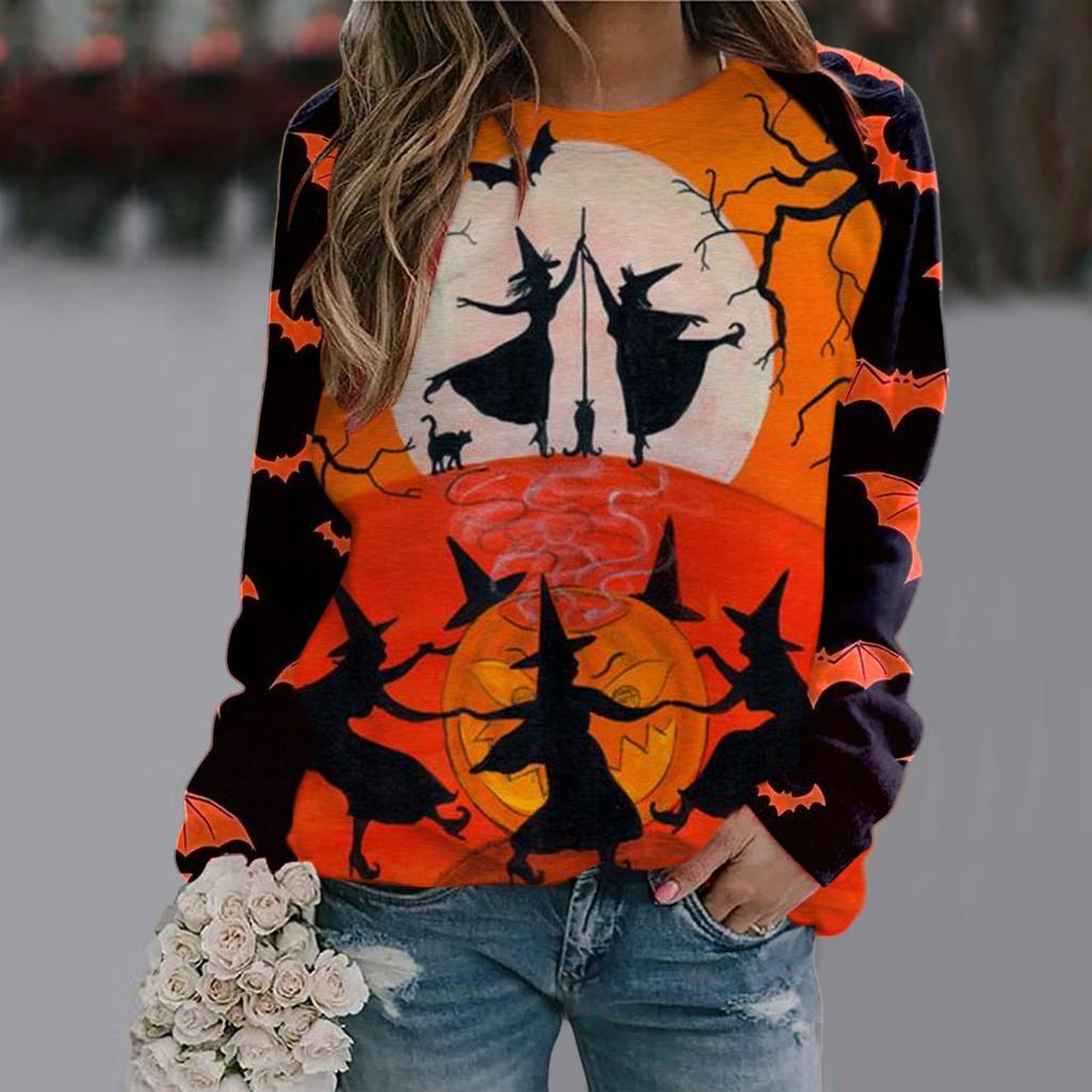 Spring and Autumn Round Neck Halloween 3D Printed Top Fashionable Casual Long Sleeved Women's T-shirts