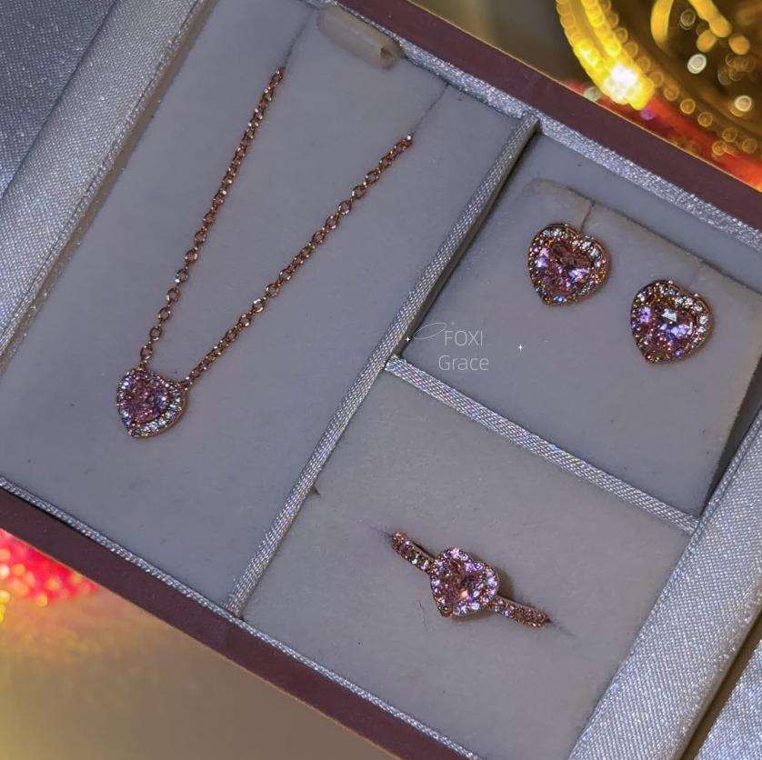 Damen Luxus Bling Iced Out Zirkonia Rosa Herz Ring Roségold Hypoallergen 925 Silber Schmuckset Ohrring Halskette Sets