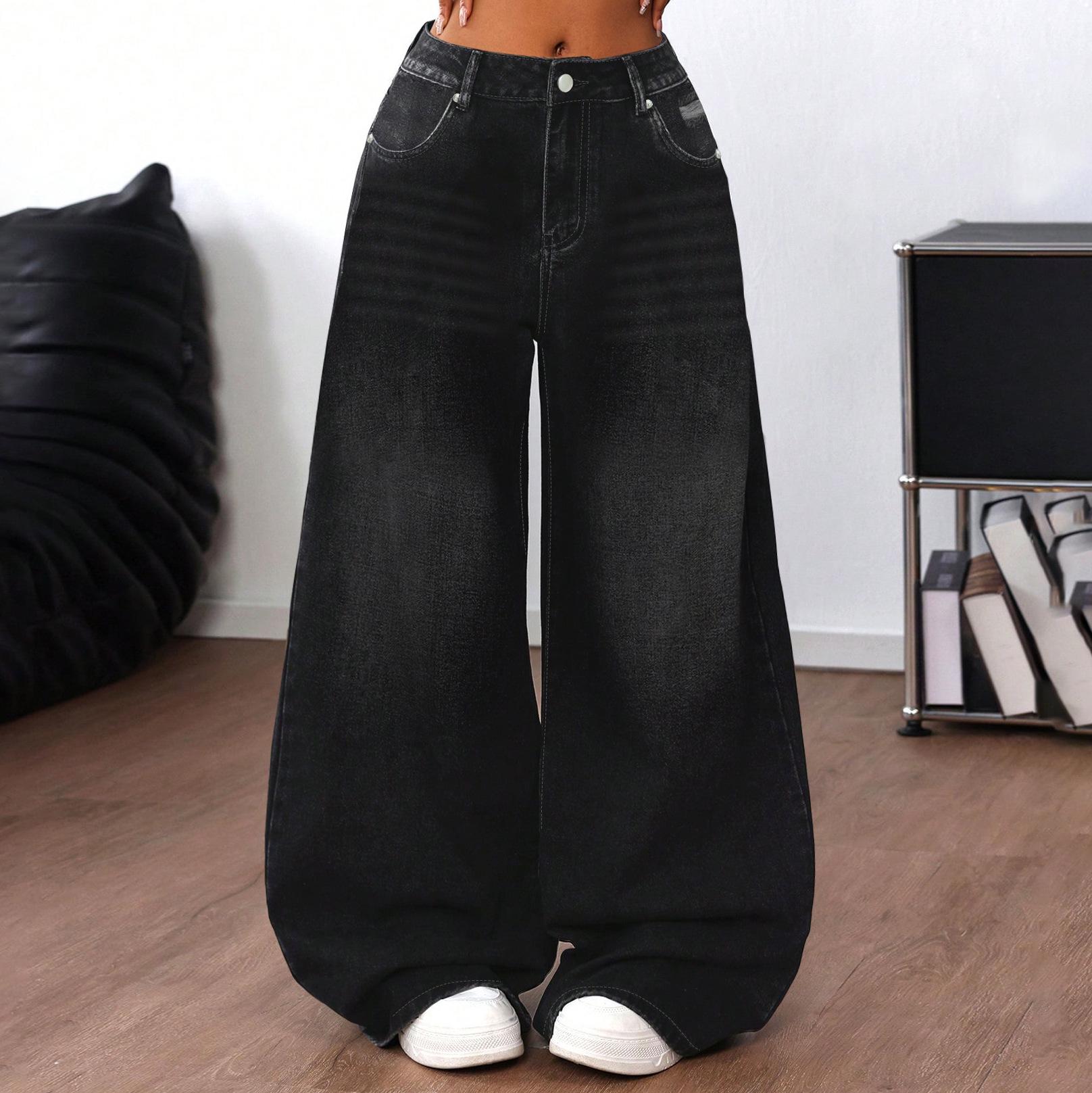 Retro Washed Ripped Denim Wide-Leg Floor-Length Casual Pants for Women M чёрный