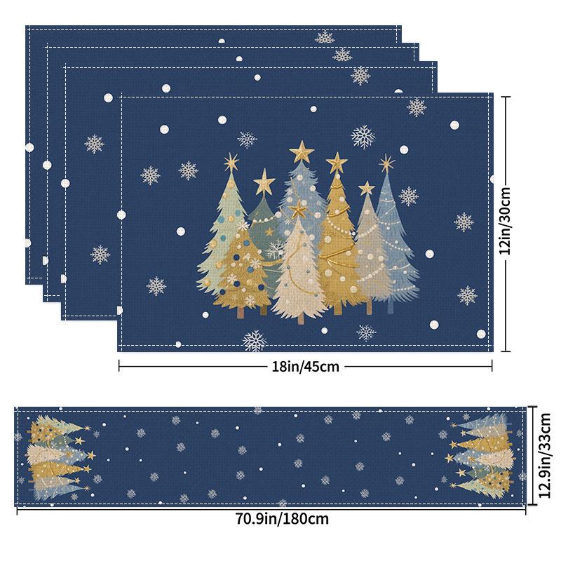 5Pcs Christmas Buffalo Plaid Placemats And Table Runner Set Cute Snowman Print Heat Resistant For Christmas Decoration