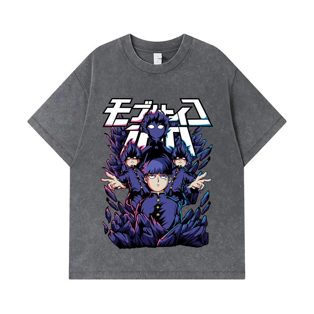275 GSM Washed T-shirts 100% Cotton Mob Psycho 100 V1 Shiego Print Unisex Heavy Cotton T Shirt