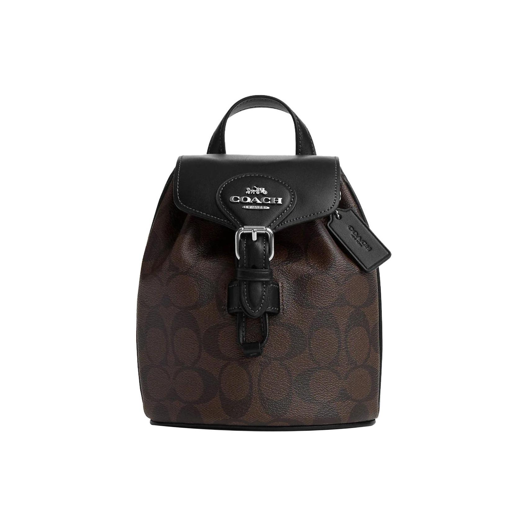 Coach Women's Silver/Black/Brown Amelia 16 Logo Snap Flap Backpack With Zipper Pocket Classic Monogram Canvas And Smooth Leather Backpack Cl458-Svbrb