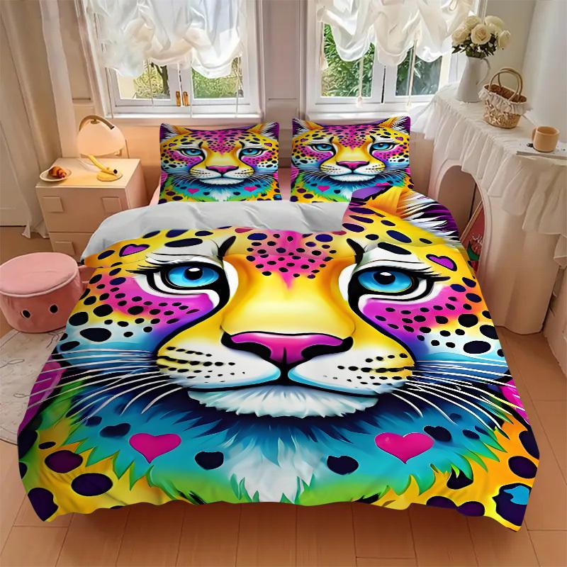 3PCs Colorful Leopard Print Design Cover Set, Breathable Fabric, Machine Washable (1 Duvet Cover + 2 Pillowcases) (Without Quilt) yy250911157