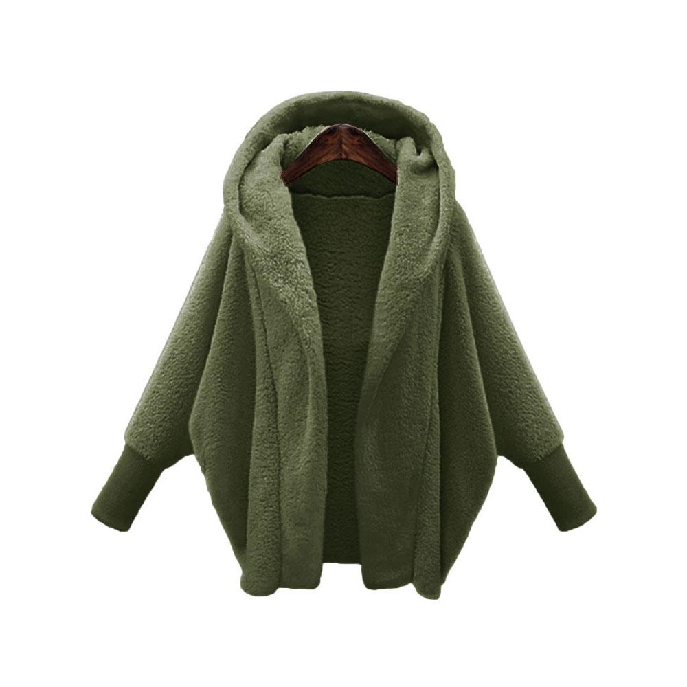 Women Autumn Winter Clothing Solid Color Long-sleeved Hooded Loose Plush Jacket Coat Warm Cardigan