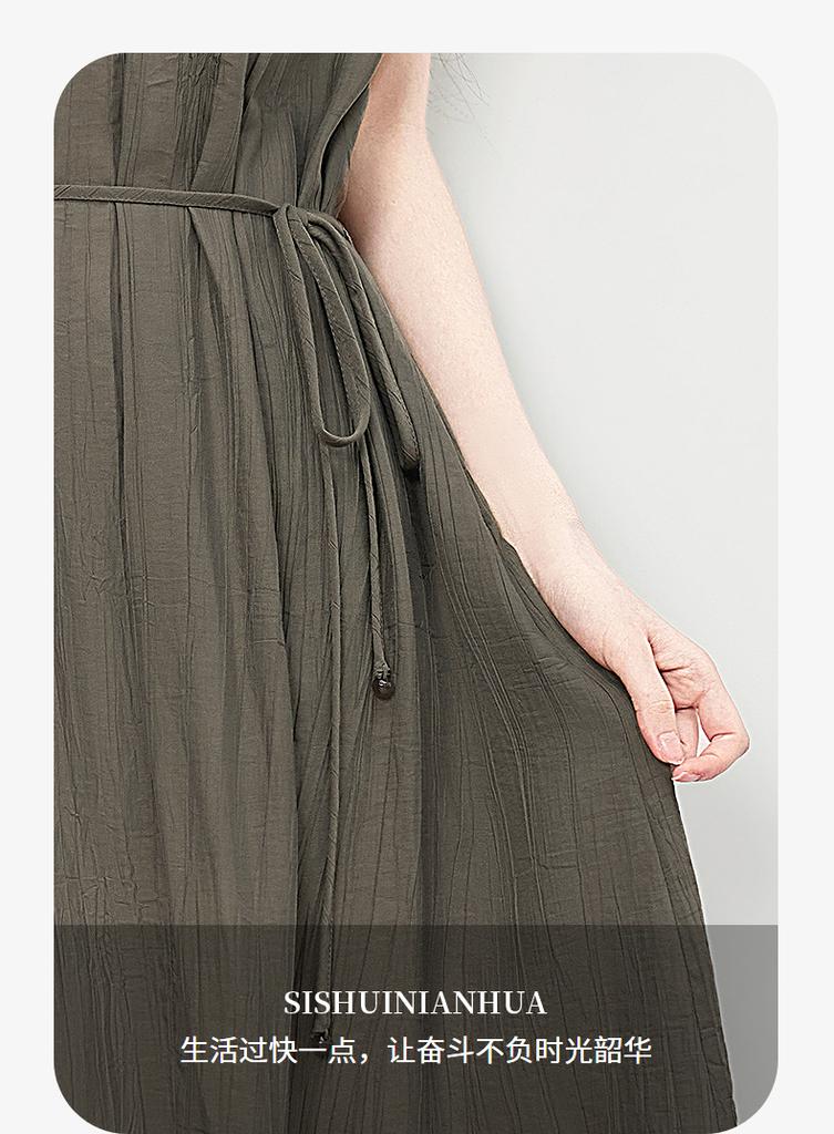 Korean Style Minimalist and High-end Solid Color Dress with Loose Small Stand Up Collar and Sleeveless Long Skirt