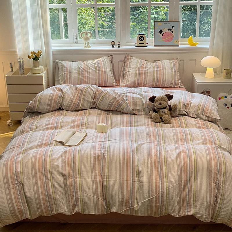 

2025 New Minimalist Striped Grid Comforter Set Washed Cotton Not Fading Soft Bedding Sets Twin Single Queen Size Bed Linens 1.2m 3pcs set