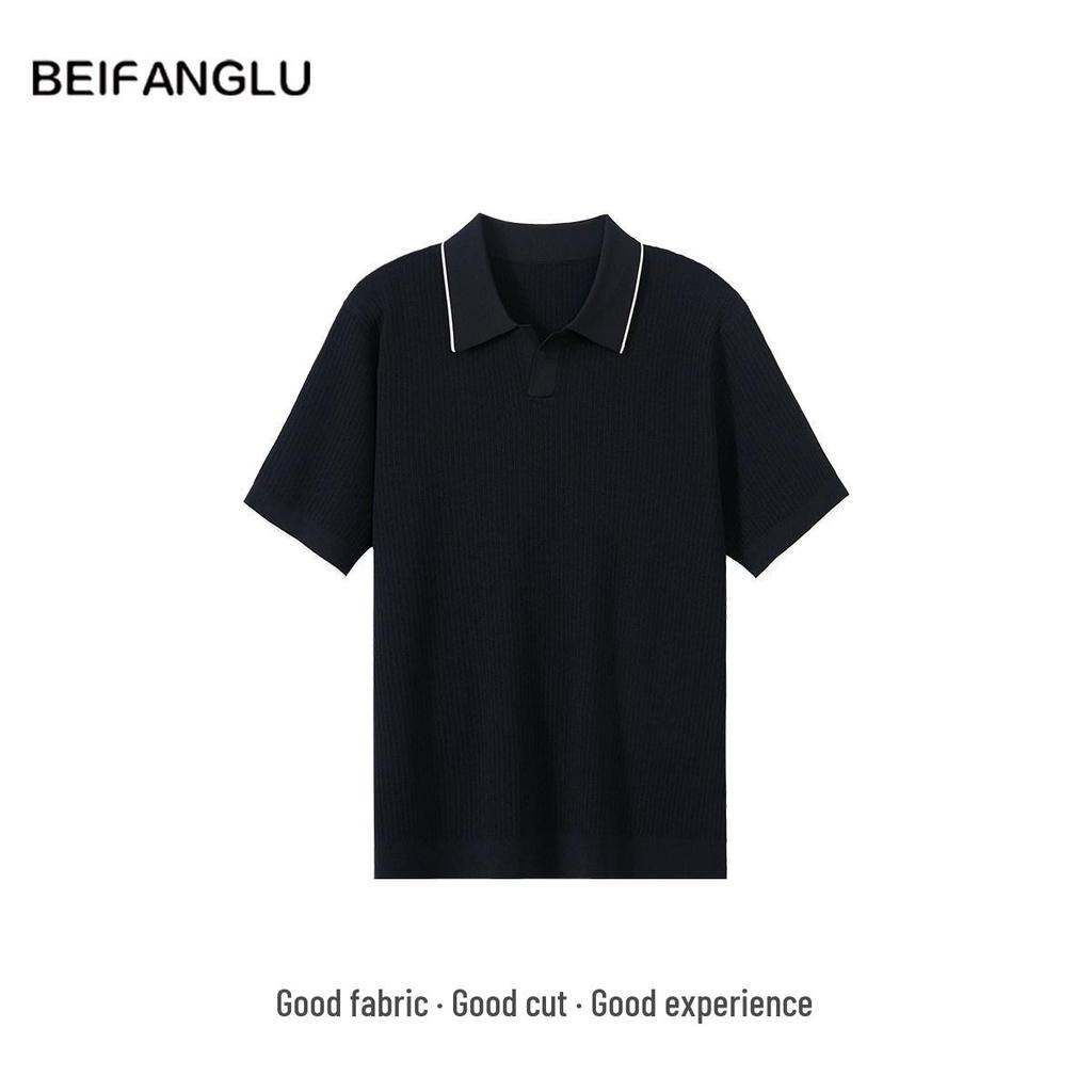 Northern Deer Cool Seagull Collar Men's Jacquard Knit T-Shirt, Summer Business Casual Short Sleeve