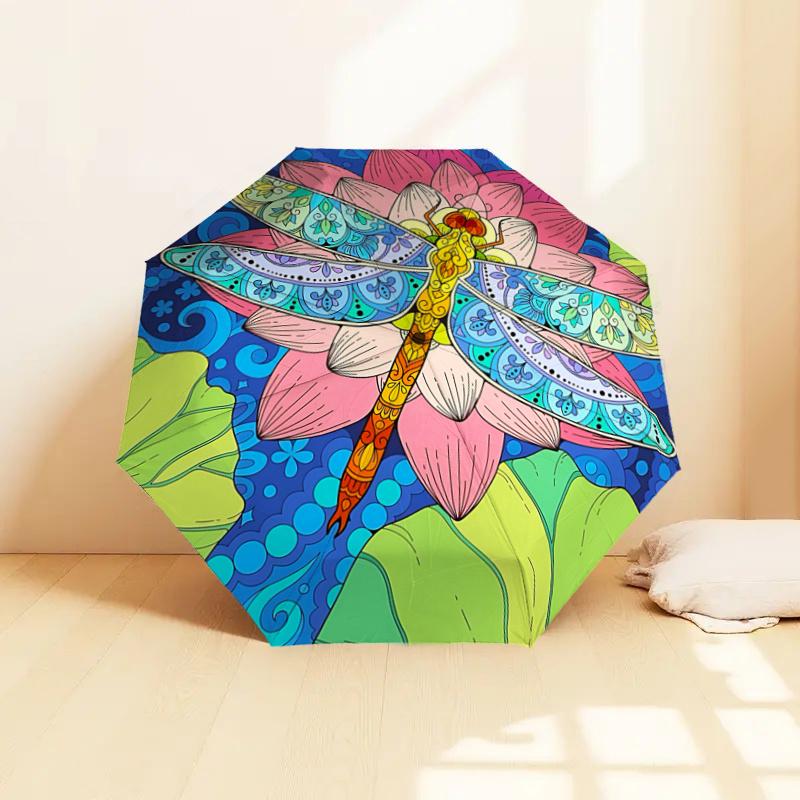 Colorful Lotus Dragonfly Mandala Automatic Opening Folding Umbrella with 8-Bone Iron Frame, Suitable for Fans, Travel, Daily Use, Festive Gi