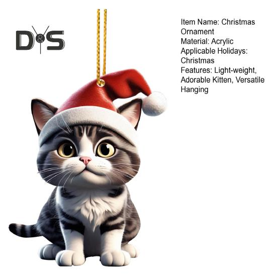 Christmas Cat Pendant Acrylic Santa Hat Cartoon Cat Hanging Decoration Key Ring Kitten Pendant Christmas Tree Decor Gift for Cat Lovers