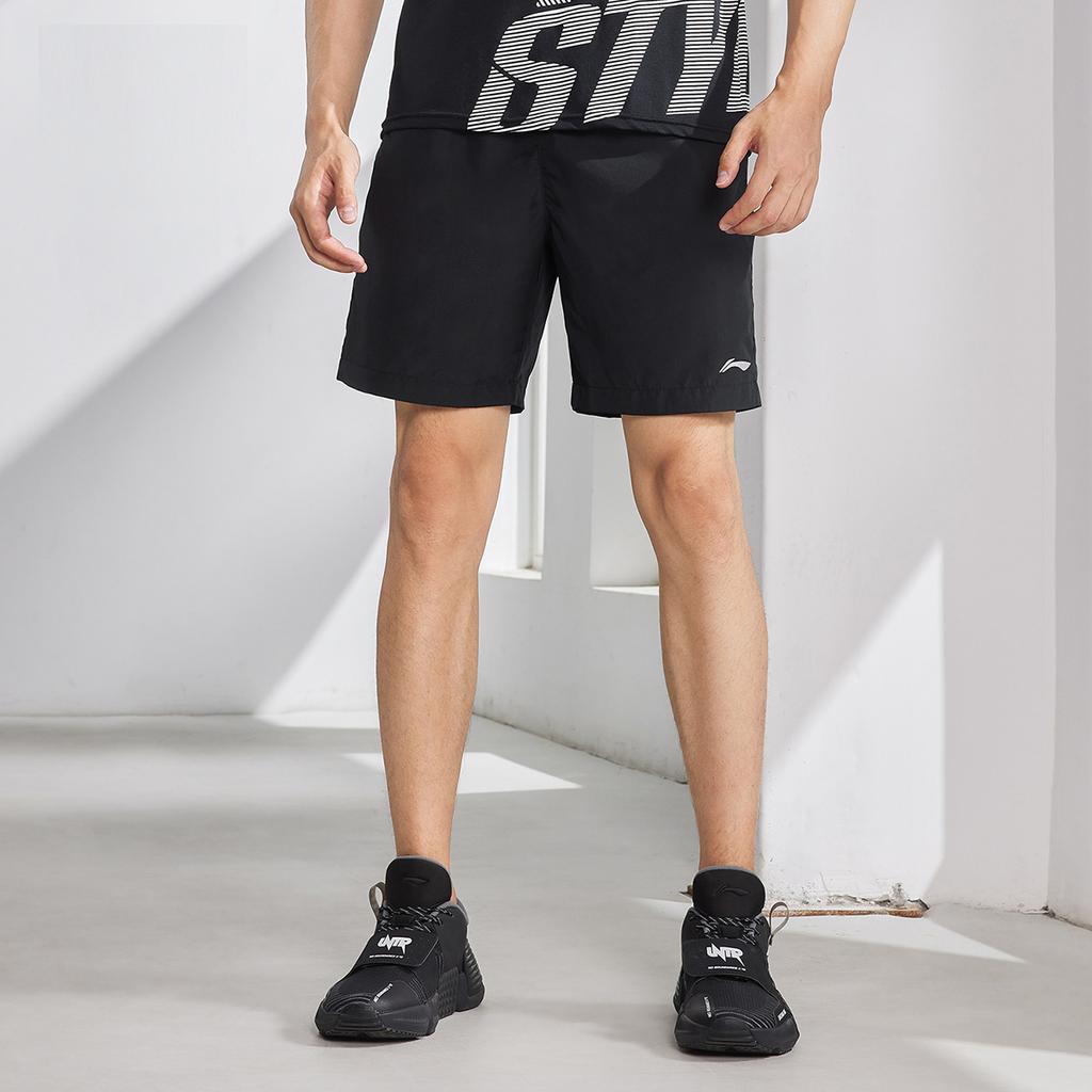 Li Ning Training Series Solid Color Logo Print Breathable Five-Point Sports Shorts Men Shorts Black AAPT551-1