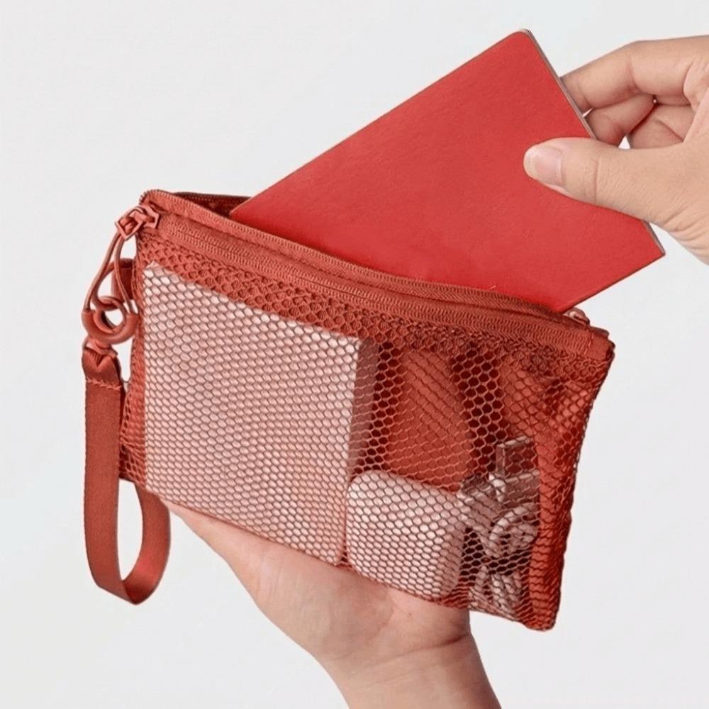 Lightweight Mesh Storage Bag Polyester Solid Color Toiletry Bag Multifunctional With Zipper Makeup Pouch Travelling Storage