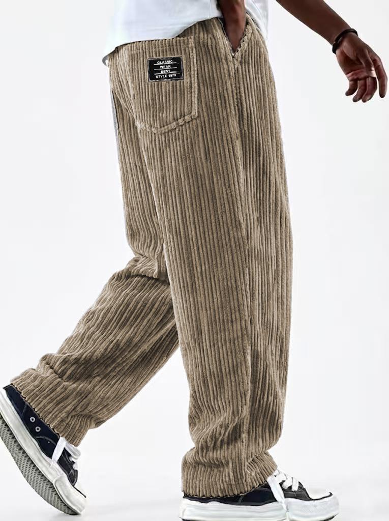 European & American Men's Wide Corduroy Logo Pocket Casual Loose Straight-Leg Pants 2026