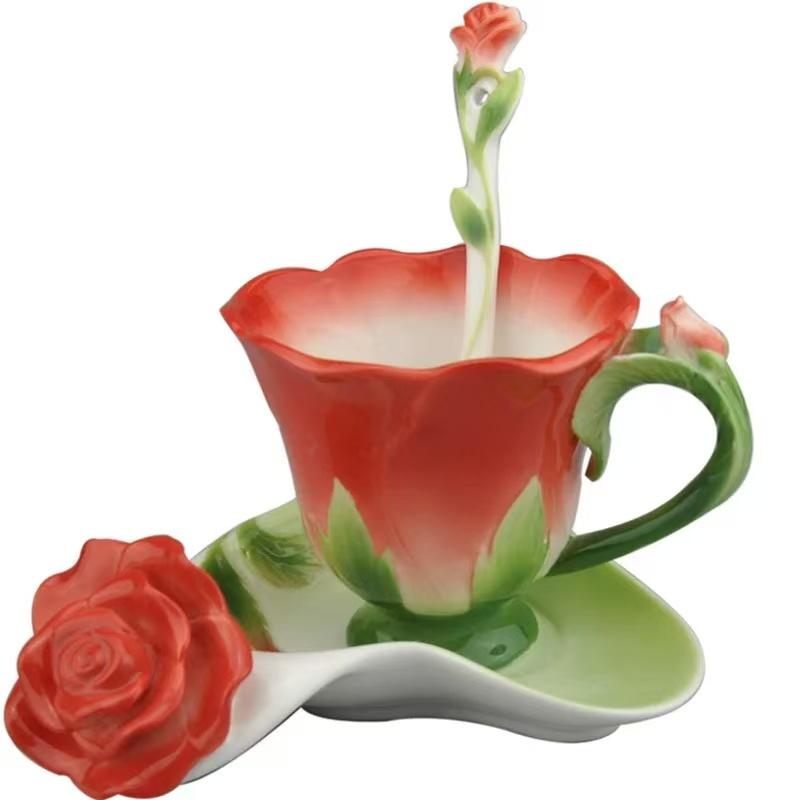 French Ceramic Coffee Cup and Saucer Three-Dimensional Embossed Flower Mug Afternoon Tea Flower Tea Mug Home Breakfast Milk Cup