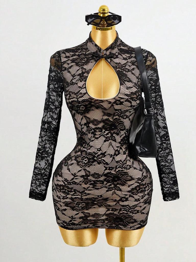 2026 Autumn European & American Sexy Lace Hollow-Out Slimming Dress