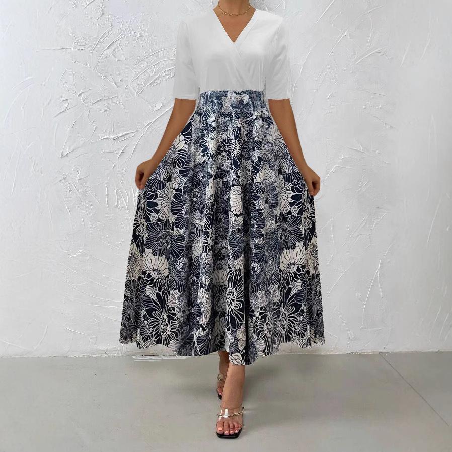 New women's clothing European and American printed medium and long dress splicing temperament commuter v-neck dress