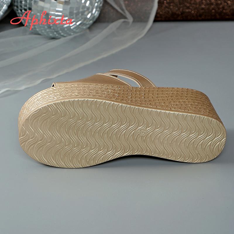 Aphixta Gold Sole 9cm High Heels Slides Peep ToeWedge Heels Slippers Women Platform Sandals Outside Gold Shoes Size 43