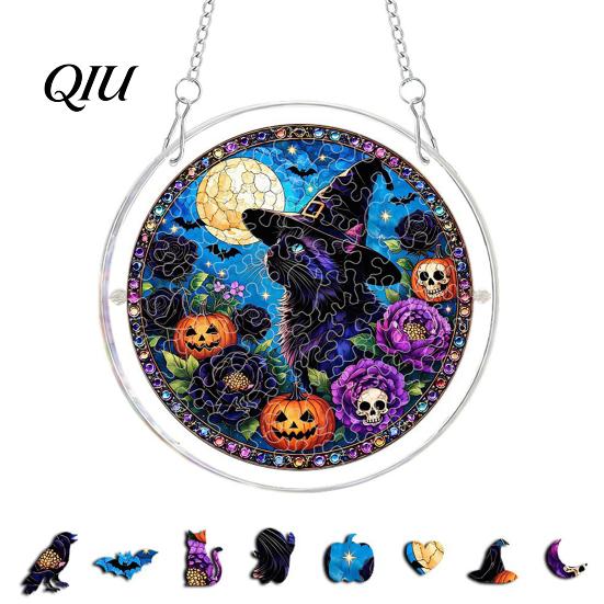 Acrylic Suncatcher Jigsaw Puzzle Suncatcher, Stained Glass Style Halloween Skeleton Ghost Relaxing Gift Sun Catcher for Gothic Window Wall Hanging