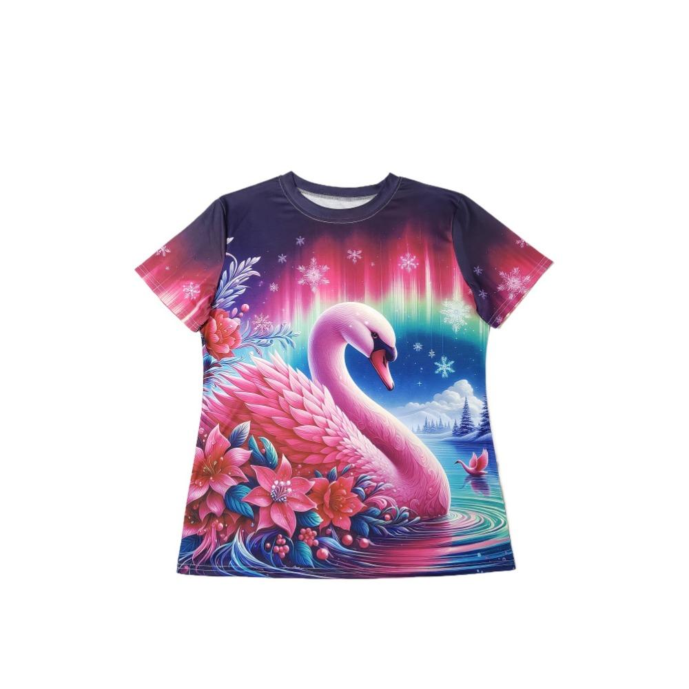 Camiseta Magenta Swan Feminina - Estampa Aurora & Floral, Design de Estampa de Inverno Encantado para Uso Casual Diário