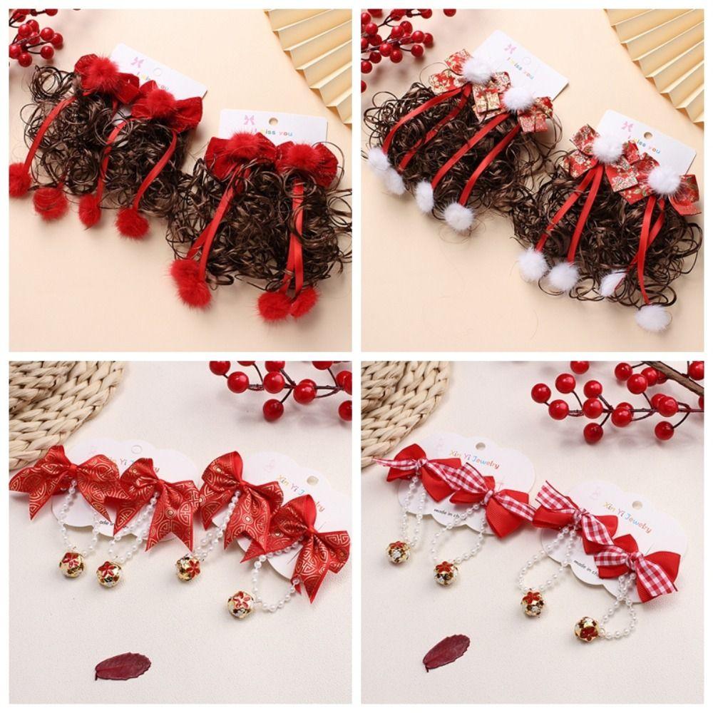 2pcs Chinese Style Baby Wig Hairpin Curly Red Bowknot Hairclip Children's Bow Wig  New Year Festive