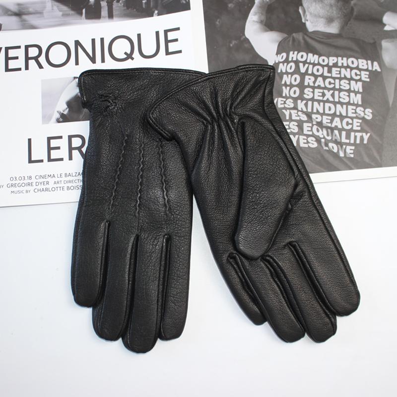 New men's deerskin driving gloves leather corrugated winter thickening warm imitation rabbit fur lining straight gloves autumn