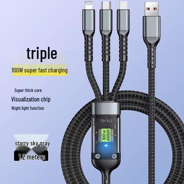 100W Transparent 3-in-1 Fast Charging Cable for Apple, Android, Huawei
