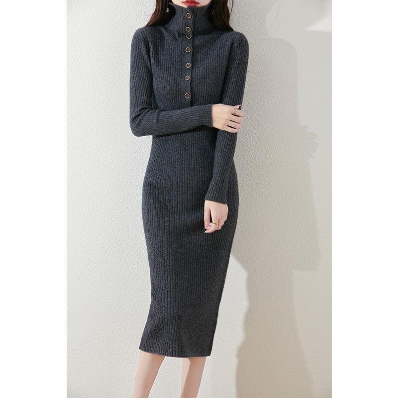 Elegant stacked collar knitted primer dress for women's autumn and winter new long over-the-knee sweater skirt for women