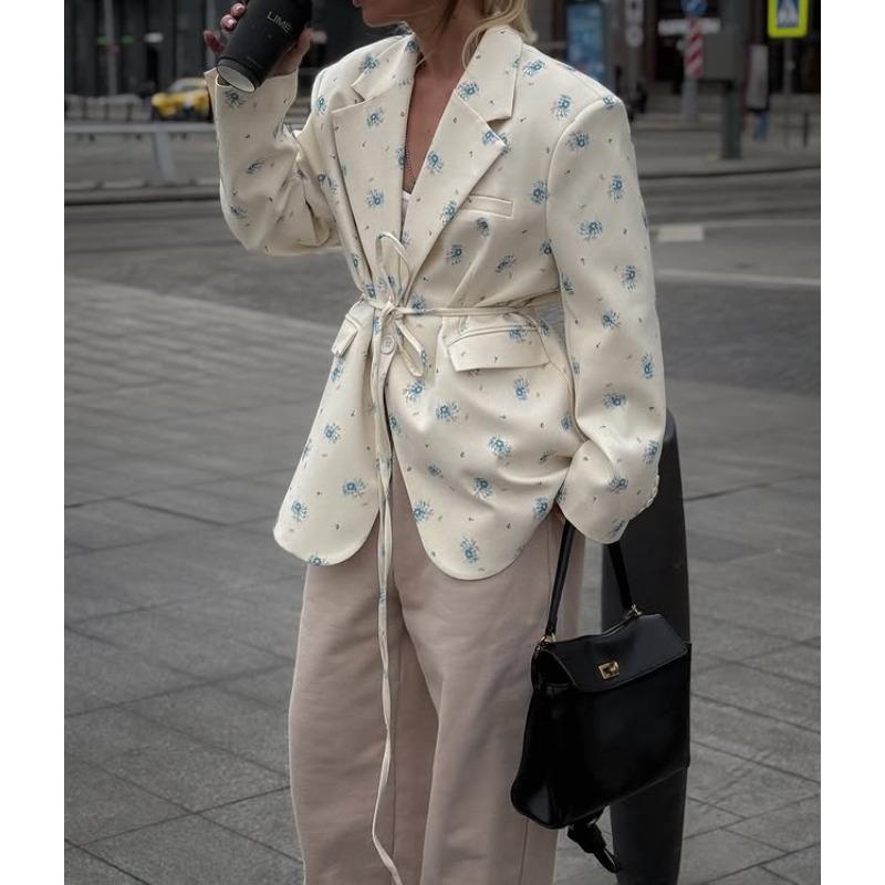 Dámské sako s potiskem, klopami a vázáním v pase, volný kabát s dlouhým rukávem, tenký, jaro a léto 2025