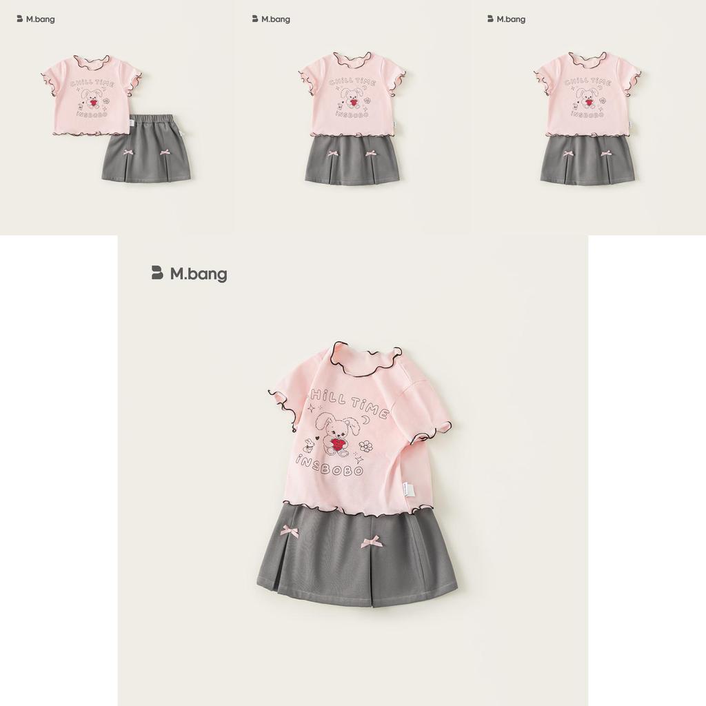Girl Summer Cartoon Rabbit Print Short Sleeve Dress Set With Bow For Toddler Girls