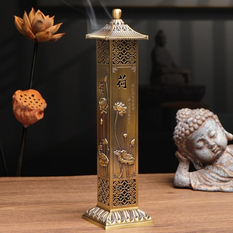 Antique Metal Hollow Vertical Incenses Burners With Lotuses Pattern Oriental Censers For Home Meditations And Decors B03E